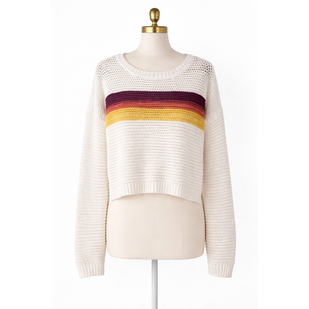 Aeropostale Open Knit Sweater Womens Small White Striped Crop‎ Pullover...